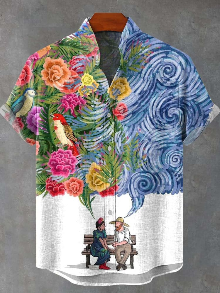Comstylish Vintage Frida Kahlo And Vincent Van Gogh Print Casual Shirt