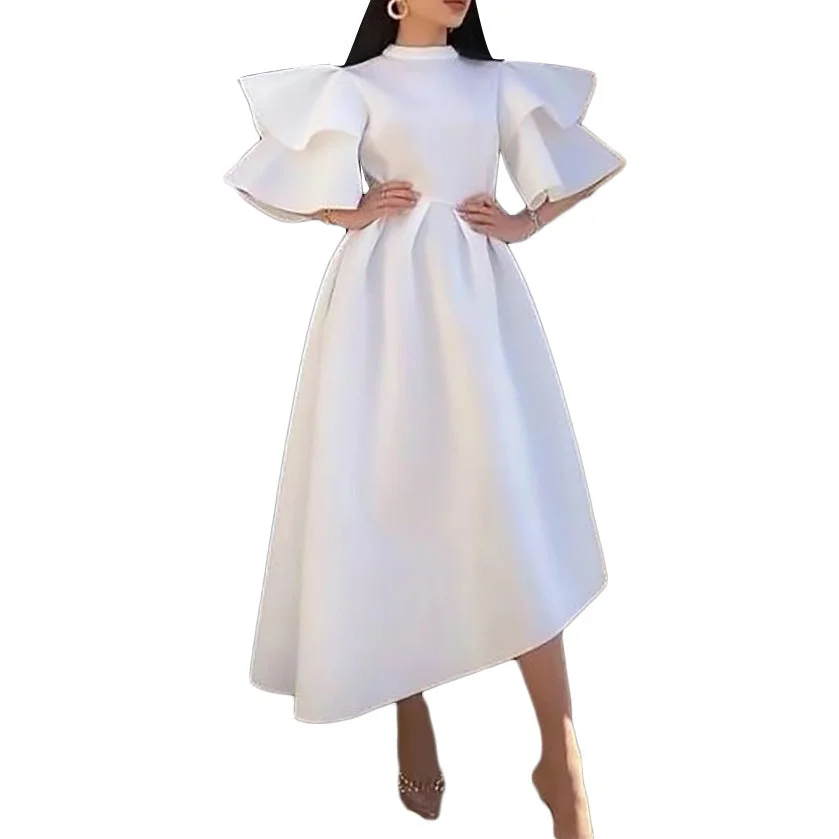 Uveng Summer Double-layer Ruffle Ruffled Sleeve Solid Color Wide Hem Dress Gown