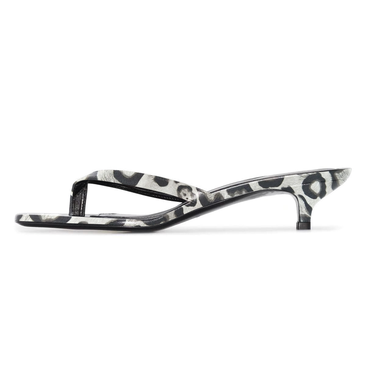 Grey Leopard Printed Open Square Toe Kitten Heel Flip Flops for Women Nicepairs