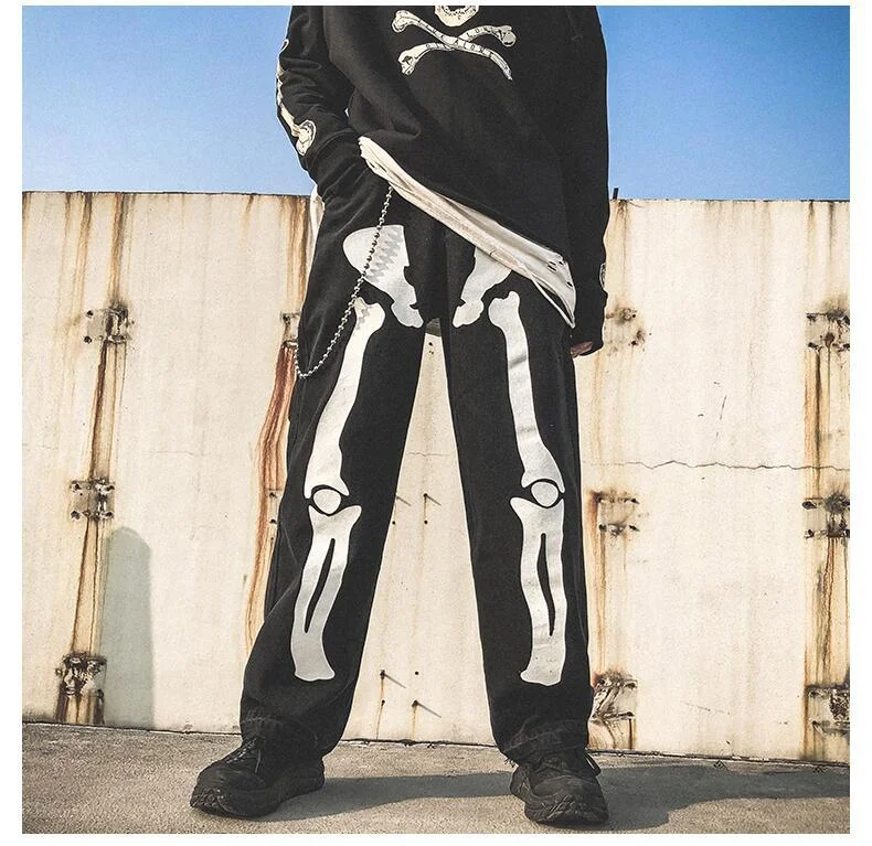 Skeleton Print Men's Vintage Loose Oversized Straight Jeans-VESSFUL