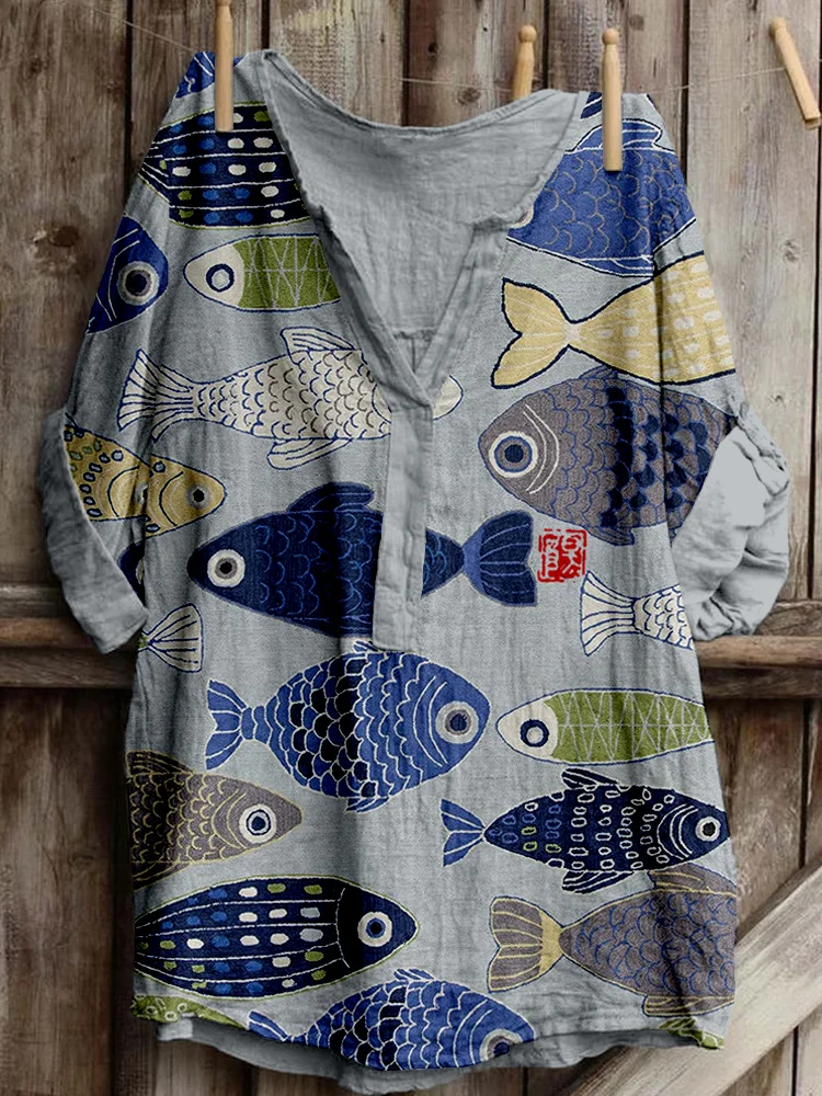 Comstylish Vintage Fish Japanese Art Linen Blend Cozy Tunic