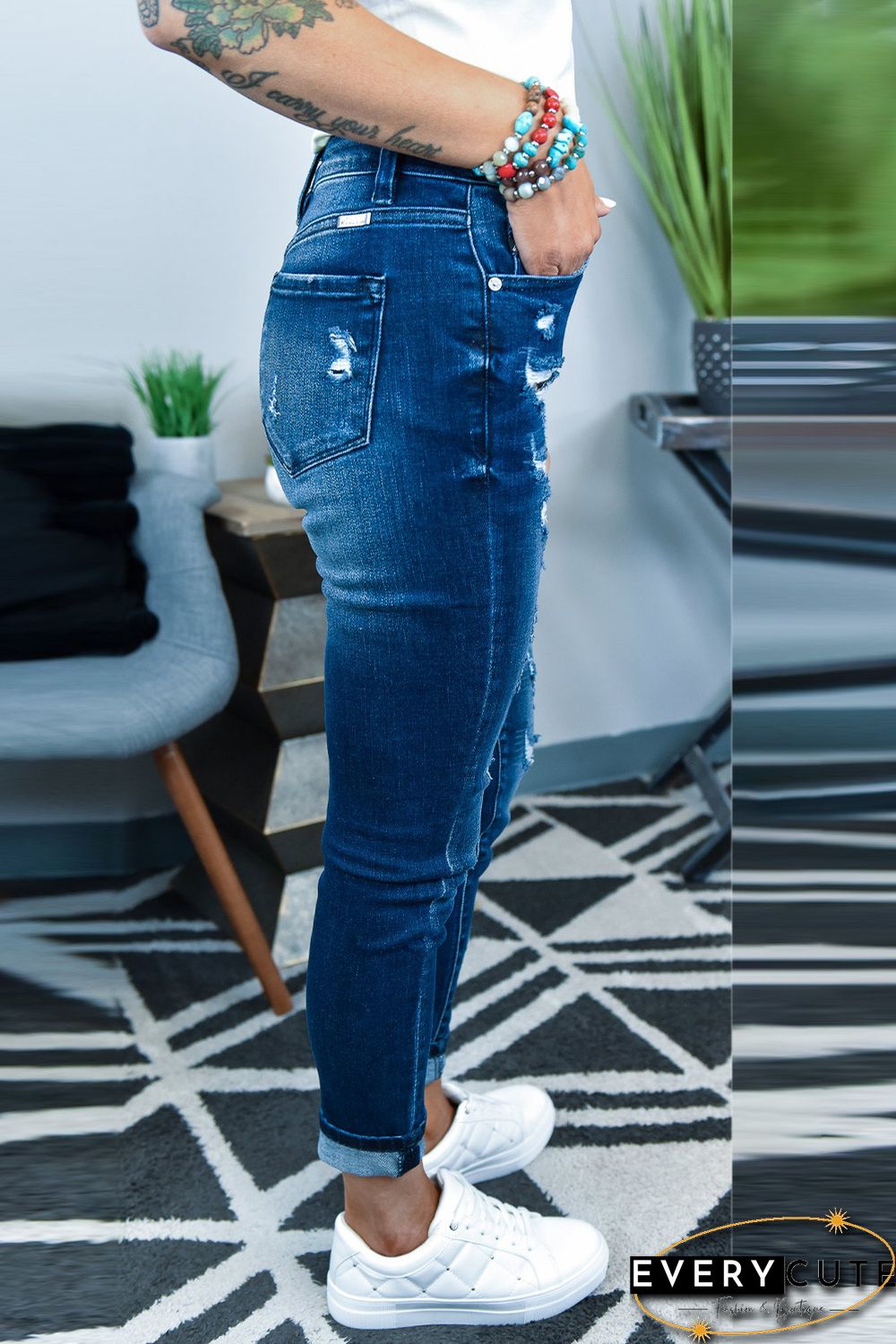 Mid Waist Ripped Skinny Jeans