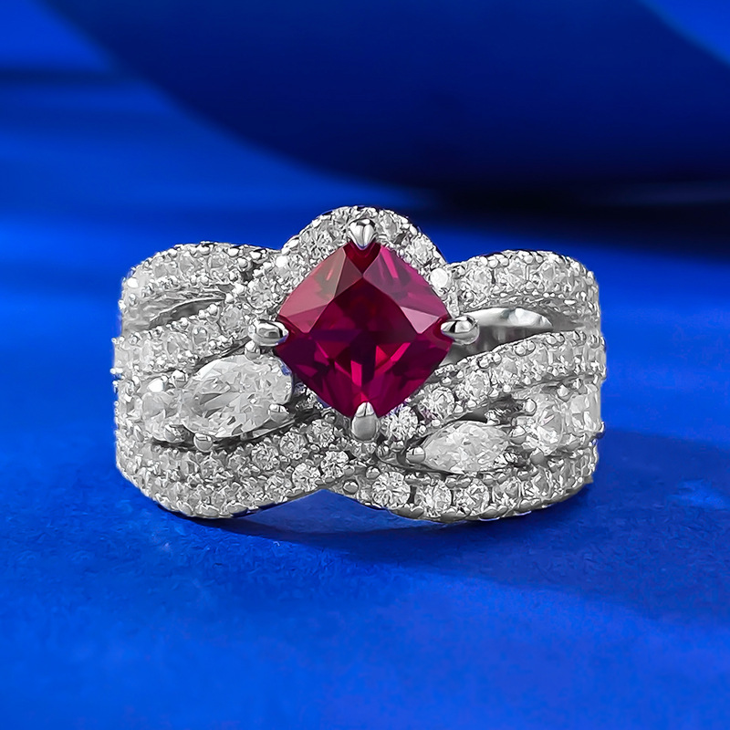 MIKAMU Jewelry S925 Silver 1-Carat French Vintage Pigeon Blood Ruby 6*6 Ring