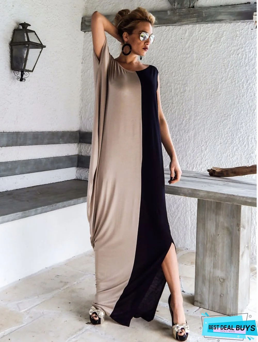 Vintage Sleeveless Plain Color-block Plus Size Casual Weaving Dress