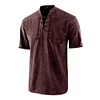 Men Gothic Retro T-Shirt Lace-up V-neck Linen Pocket Short Sleeve Tee Shirt Loose Tops