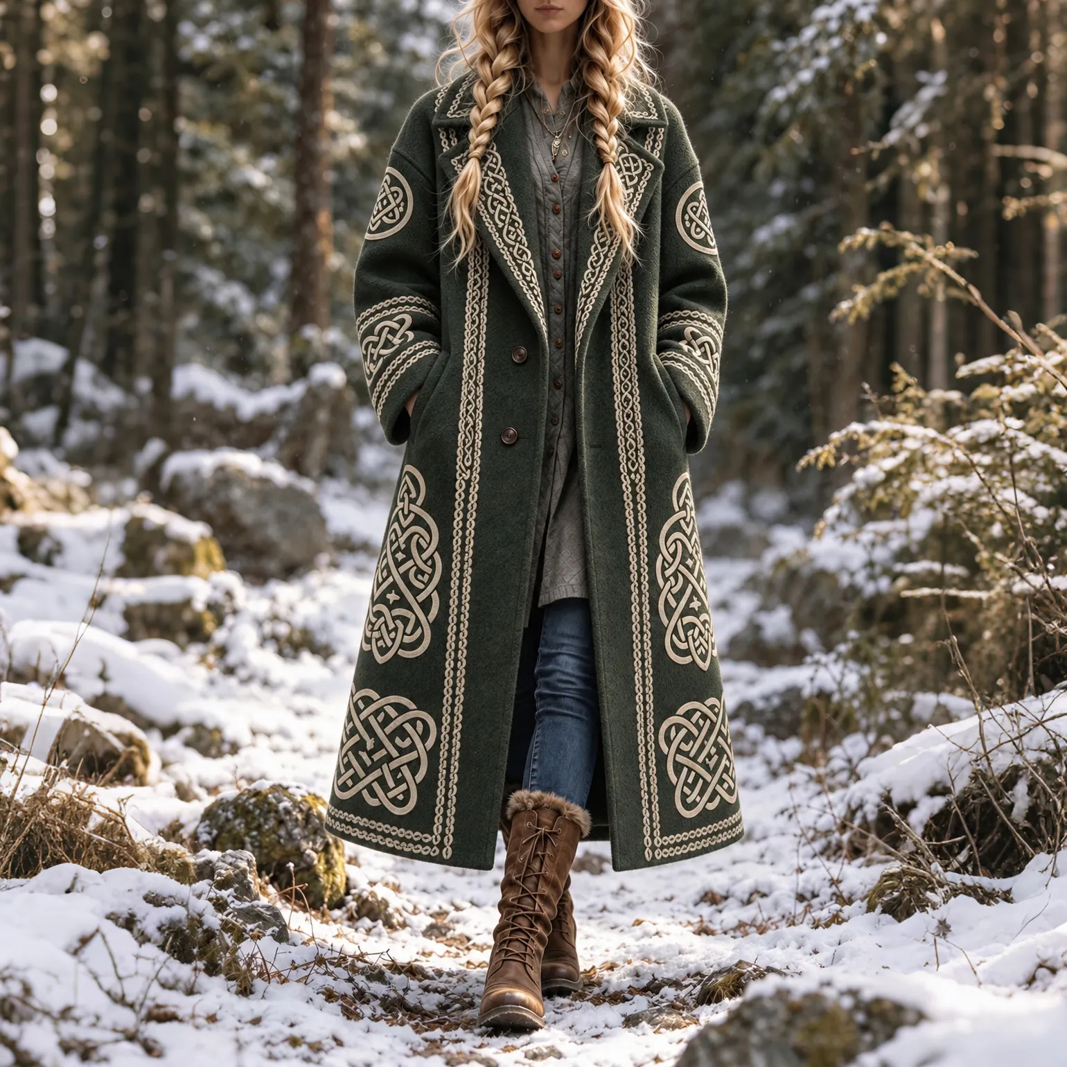 Comstylish Women's Vintage Viking Celtic Knot Art Long Wool Coat