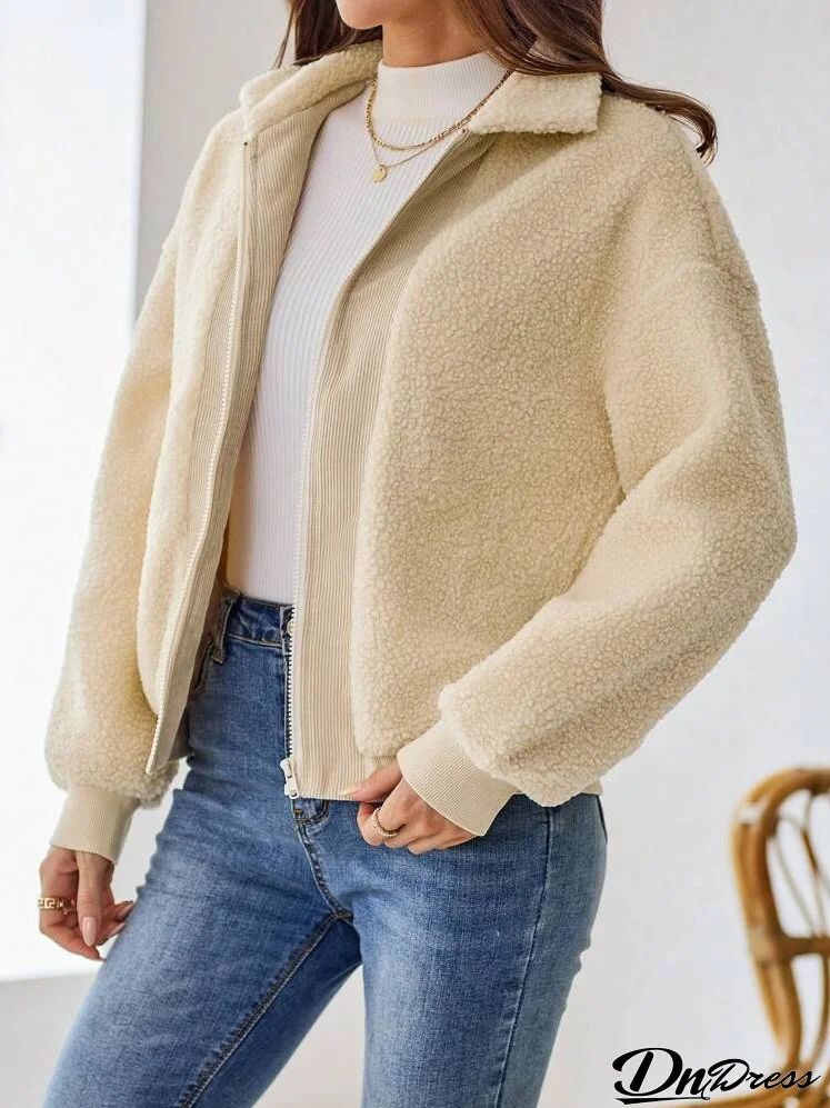 Women's Solid Color Minimalist Casual Long Sleeve Fleece Jacket