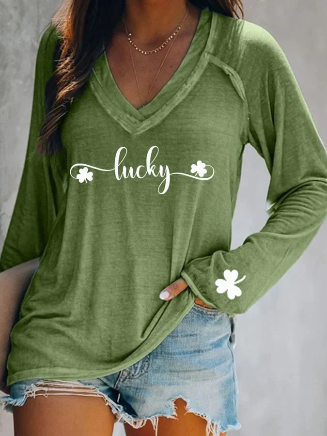 St. Patrick's Day LUCKY Shamrock Print V-Neck T-Shirt