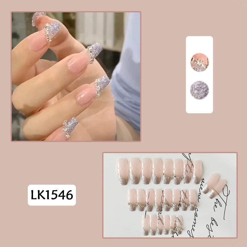 24PCS Gradient Purple False Nails Girls Sweet Style Shiny Bow Long Press on Nails Wearable Finished Nail Piece with Glue TY-Nail Inspo