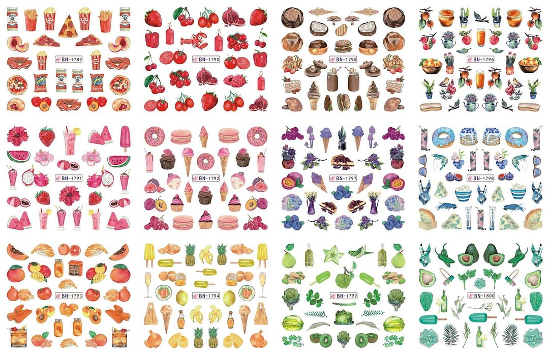 Nail Stickers 12Pcs/Set Water Transfer Fruits Cakes Ice Cream Burger Drink Designs Nail Decal Decoration Tips For Beauty Salons