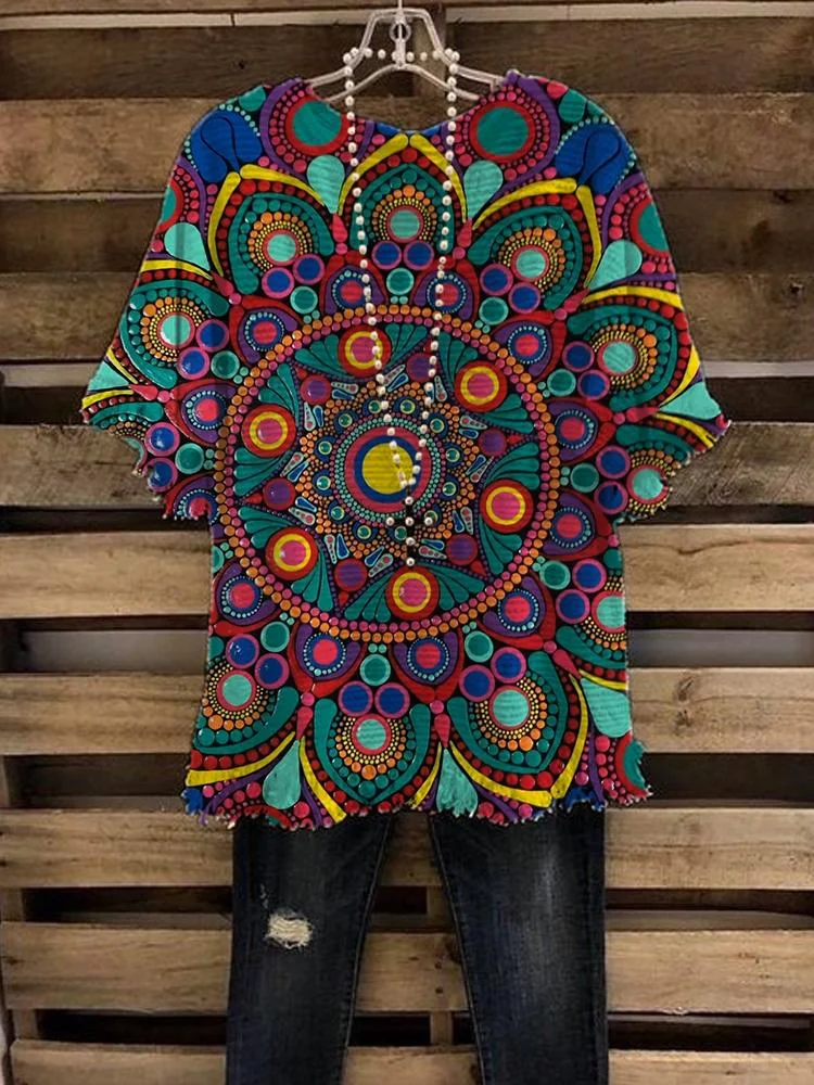 Women's Colorful Ethnic Style Print Round Neck Half-sleeve T-shirt