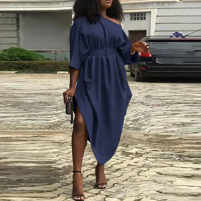 Office Dress Women Sexy Off Shoulder Dress 2022 VONDA High Waist Solid Asymmetrical Party Sundress Casual Midi Vestidos Belted