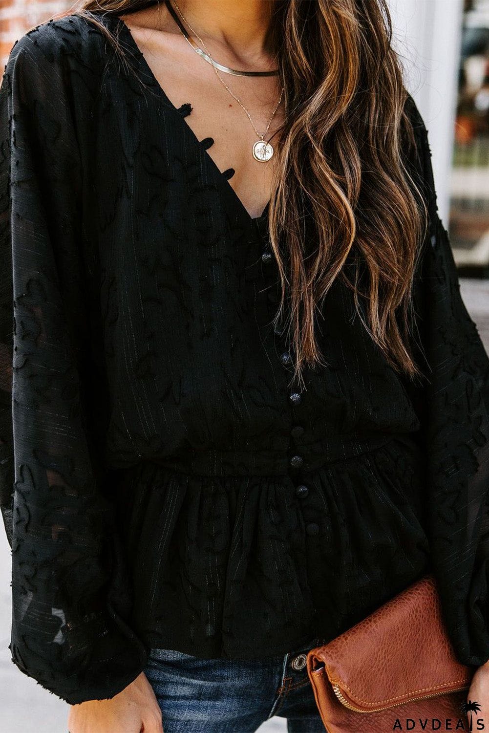 Shimmer Printed V Neck Ruffled Long Sleeve Top