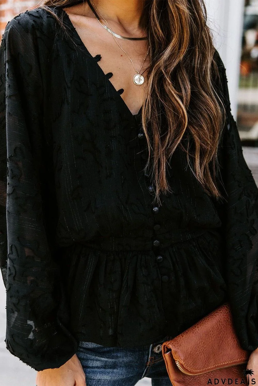 Shimmer Printed V Neck Ruffled Long Sleeve Top