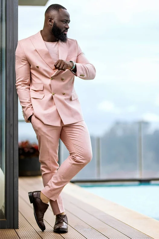 Fashion Pink Double Breasted Prince Suit For Groom Peaked Lapel