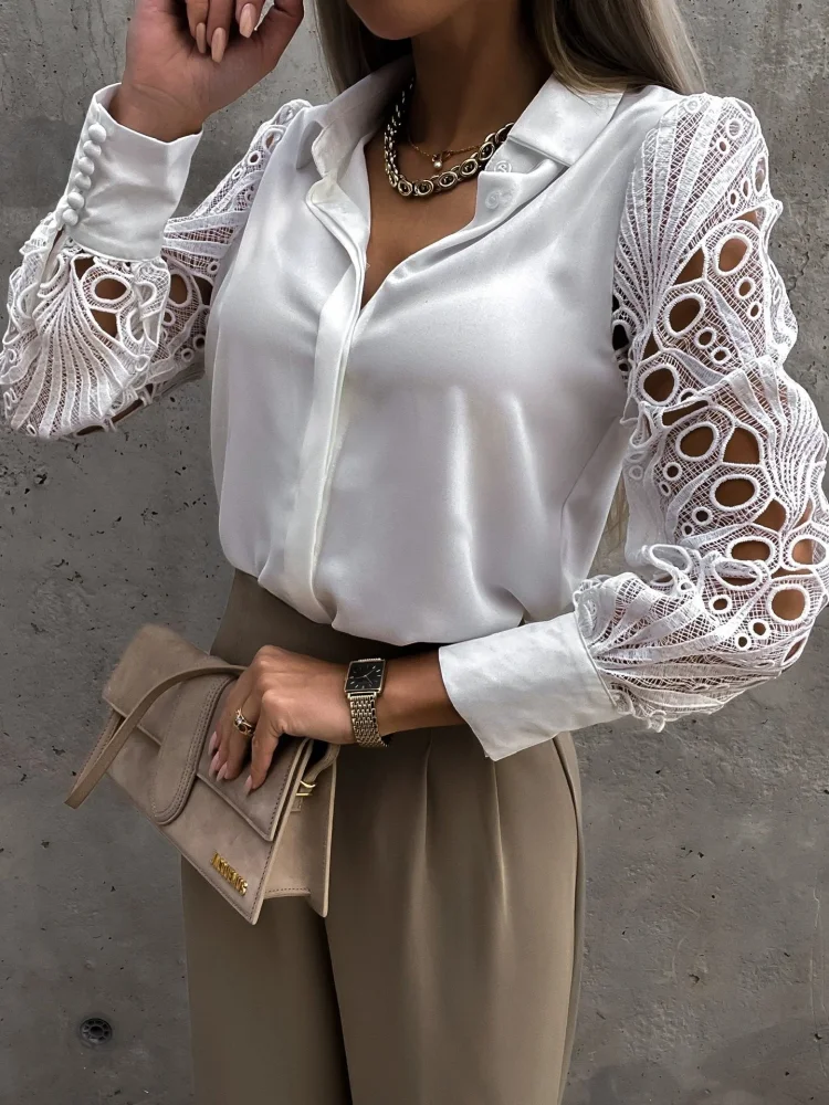Lace Sleeve Bend Down Collar Shirt Blouse Top
