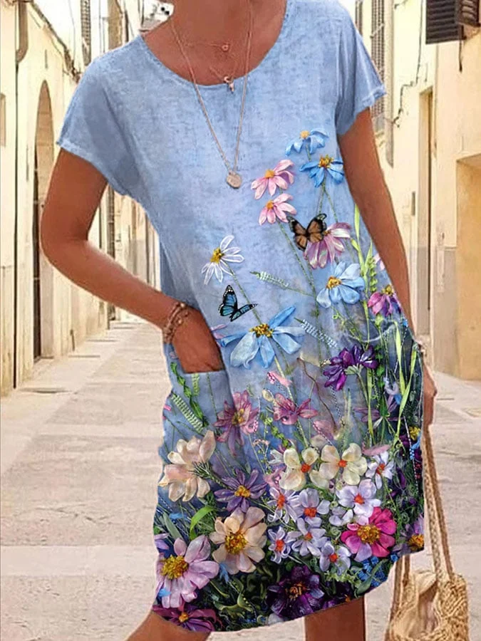 Womens Cotton Linen Oil Painting Printed O-neck Dress