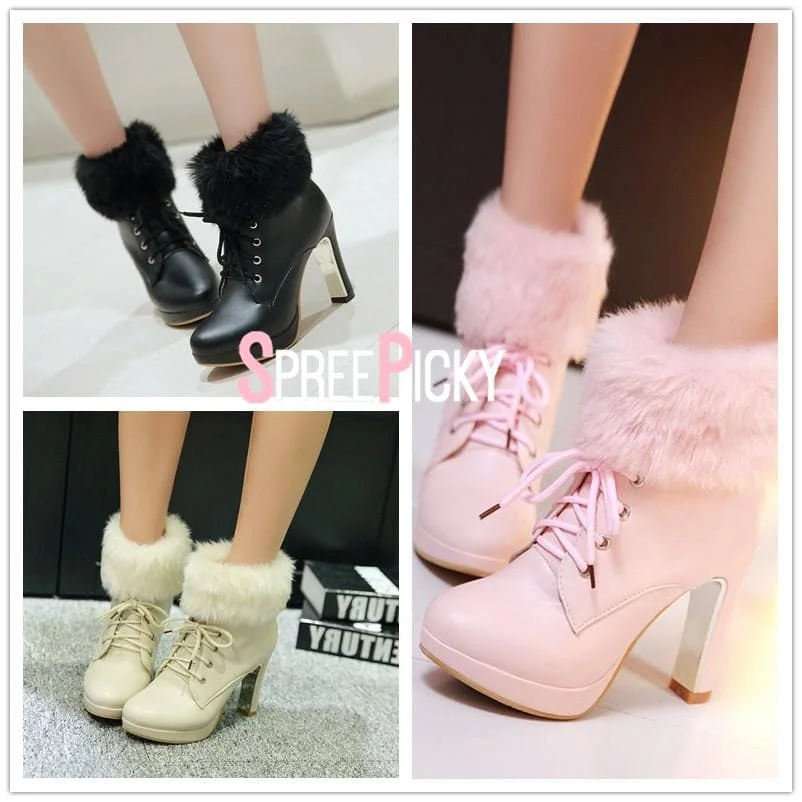 Beige/Black/Pink Sweet Fluffy High Heeled Boots SP1711206