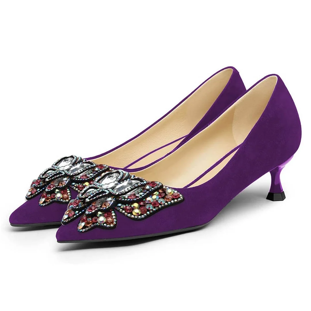 Purple Pointed Toe Rhinestone Butterfly Kitten Heel Pumps Shoes