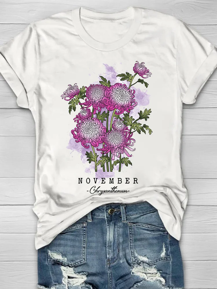 November Chrysanthemum Printed Crew Neck Women's T-shirt