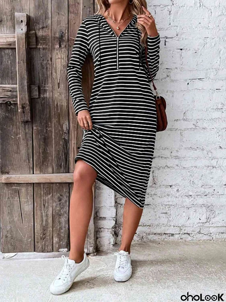 Striped Zip Front Hooded Dress