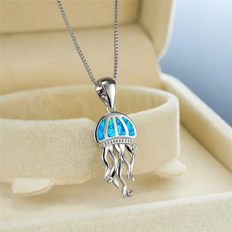 Cute Female Blue Opal Pendant Necklace Dainty Silver Color Chain Necklaces For Women Charm Hollow Jellyfish Weddings Necklace