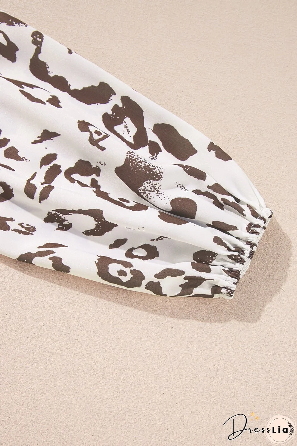 Khaki Leopard Print Split Neck Balloon Sleeve Blouse