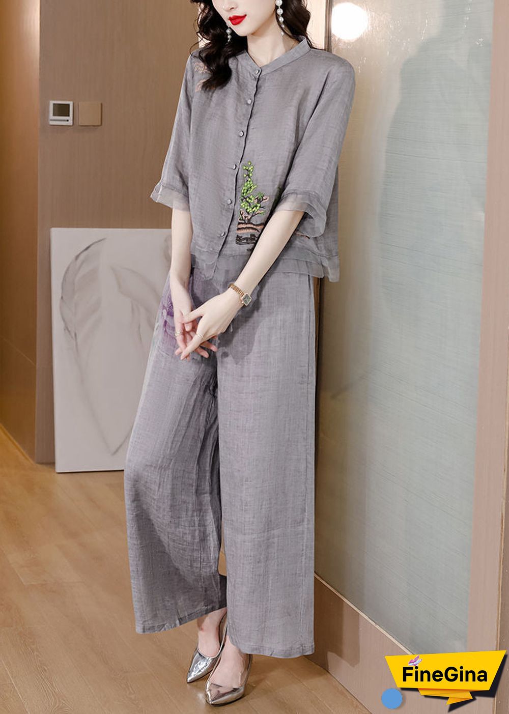 Handmade Grey Embroideried Patchwork Linen Two Pieces Set Summer