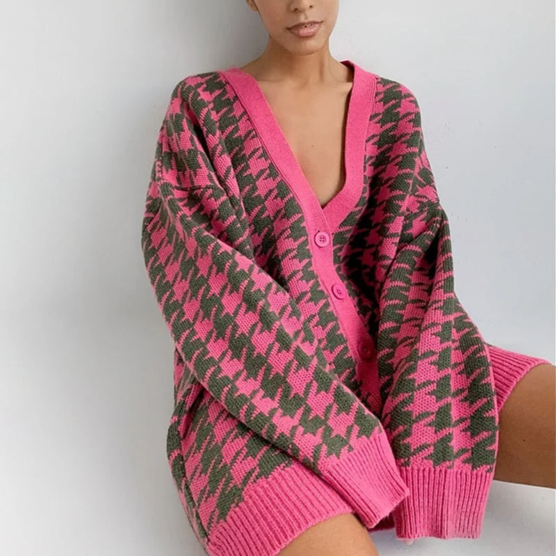 Gitana Y2K Houndstooth Knitted Oversized Cardigan Sweater 2022 Autumn Winter Vintage Sweater Jumper Casual Cardigan Women Coats