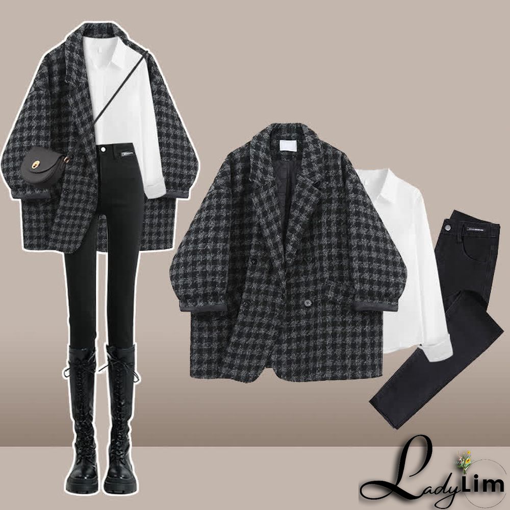 Chic Lattice Print Lapel Blazer T-Shirt High Waist Slim Denim Pants