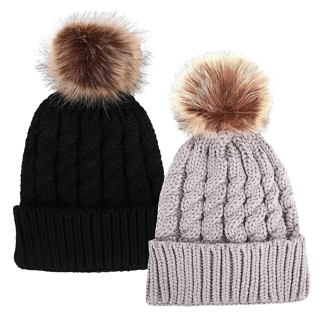 2pc Womens Winter Hand Knit Faux Fur Pompoms Beanie Hat