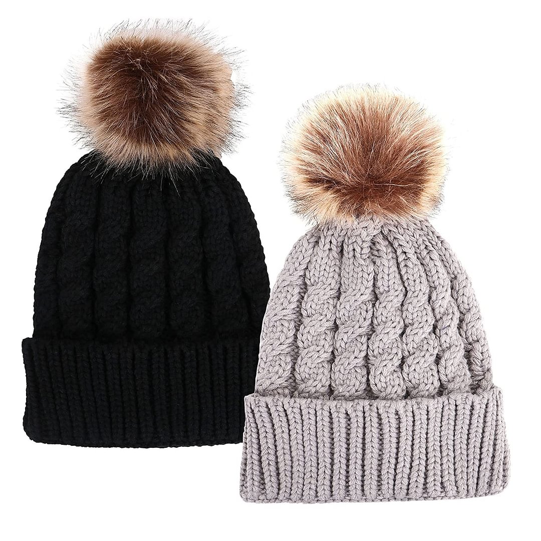 2pc Womens Winter Hand Knit Faux Fur Pompoms Beanie Hat