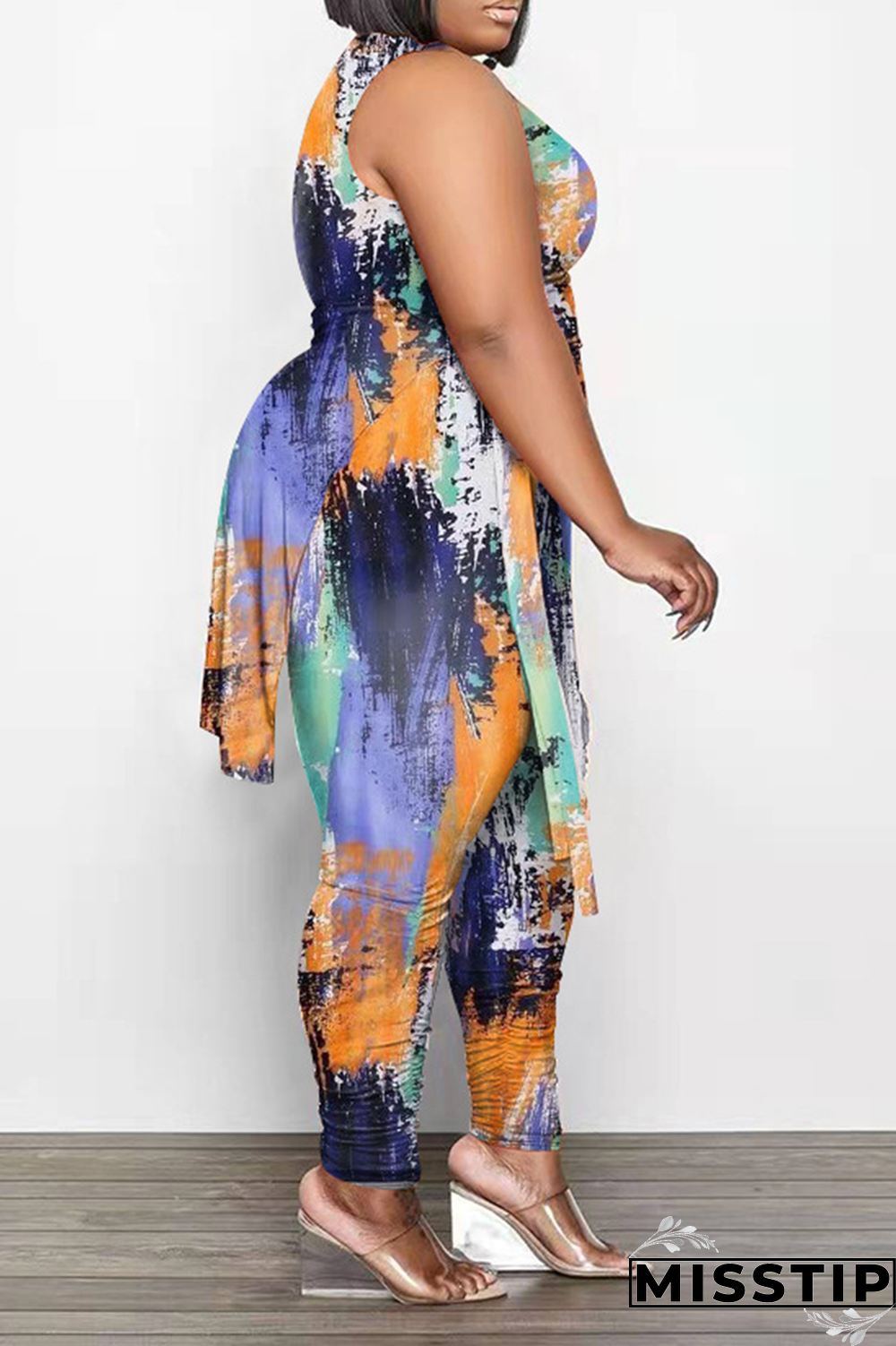 Black White Fashion Print Draw String O Neck Plus Size Two Pieces