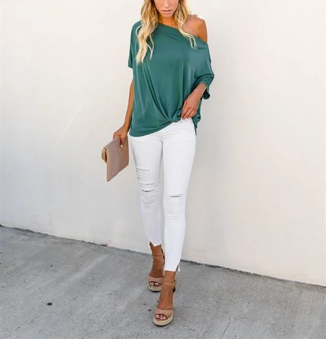 Sexy Pure Color Slanted Shoulder Baggy Blouse T-Shirt