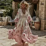 Women's Vintage Pink Floral Art V Neck Long Sleeve Gradient Maxi Dress - Image 2
