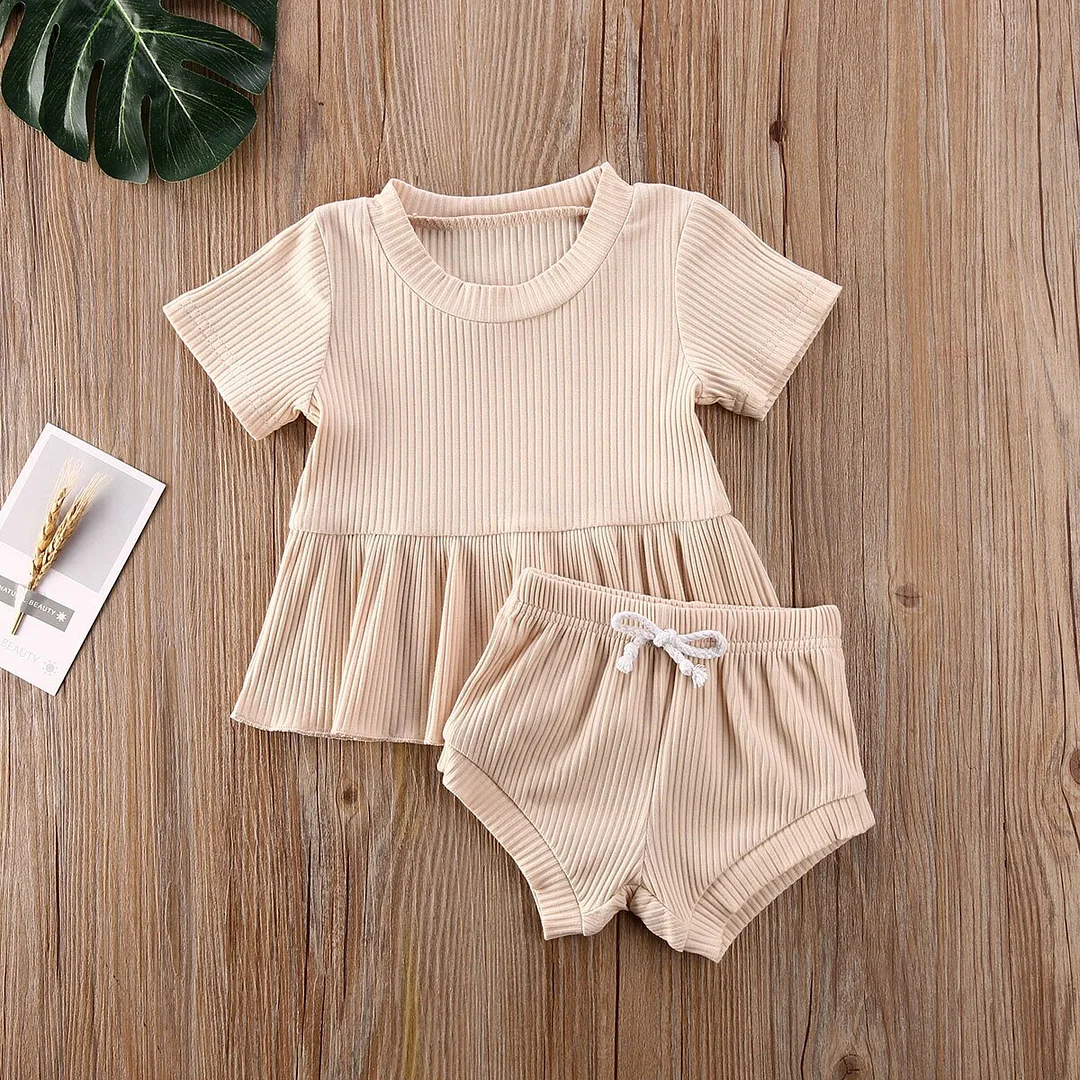 2020 Baby Summer Clothing Infant Newborn Baby Girls 2Pcs Set Ribbed Outfits Short Sleeve Shirt Dress Tops Shorts Bottoms Outfit