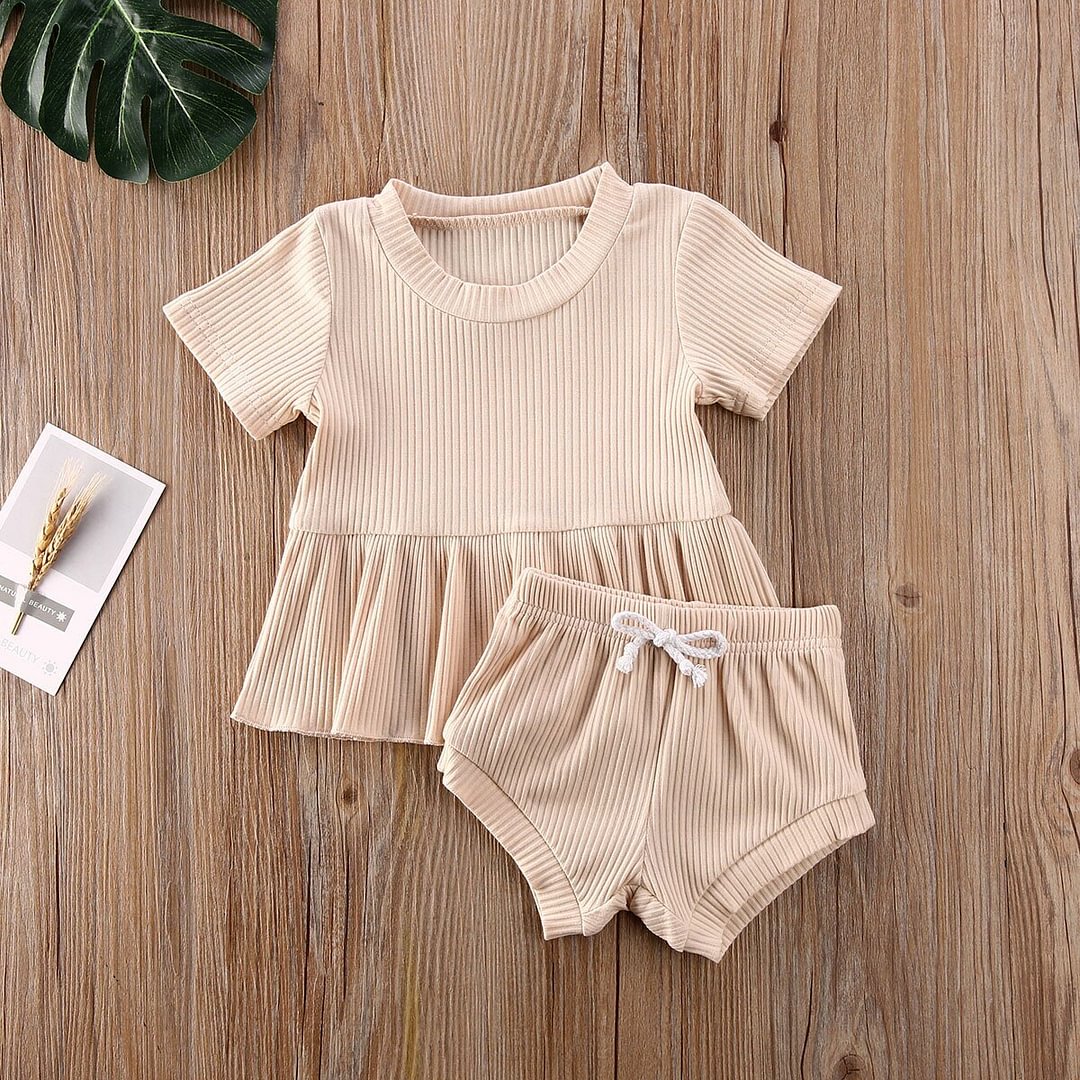 2020 Baby Summer Clothing Infant Newborn Baby Girls 2Pcs Set Ribbed Outfits Short Sleeve Shirt Dress Tops Shorts Bottoms Outfit