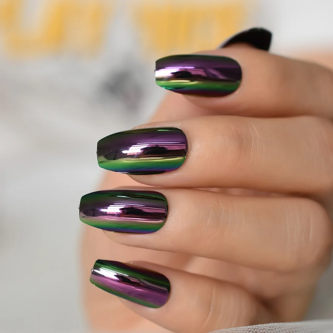 Short Midi Coffin Nails Chrome Mirror Fake Nails Set Metallic Press On Nails Medium Length Bead Luster Shiny Rainbow Nail Tips-Nail Inspo