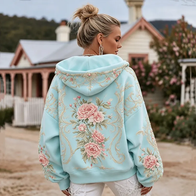 Women's Retro Bohemian Floral Embroidery Casual Hooded Sweatshirt