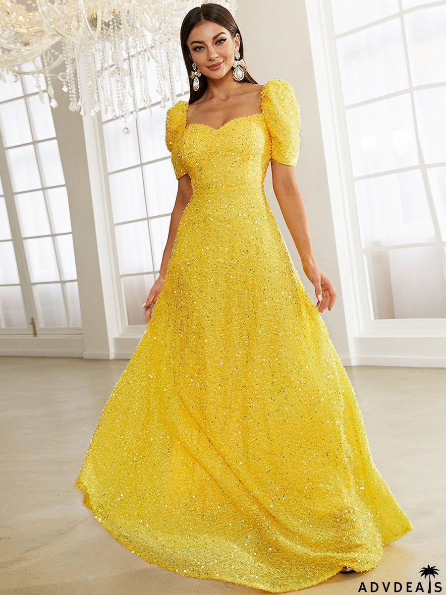 Light Yellow Floor Length Puff Sleeve Sequin Dress XJ1509