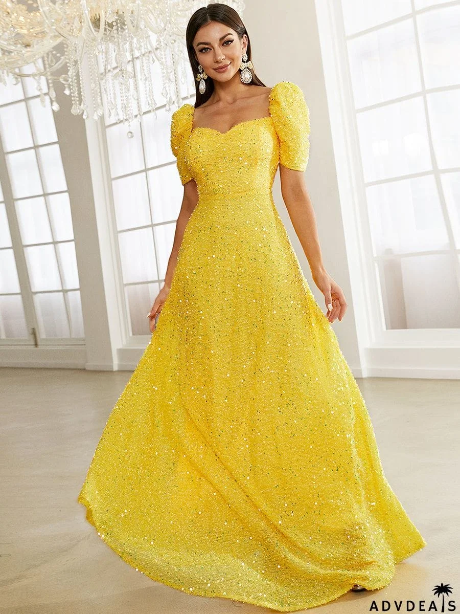Light Yellow Floor Length Puff Sleeve Sequin Dress XJ1509