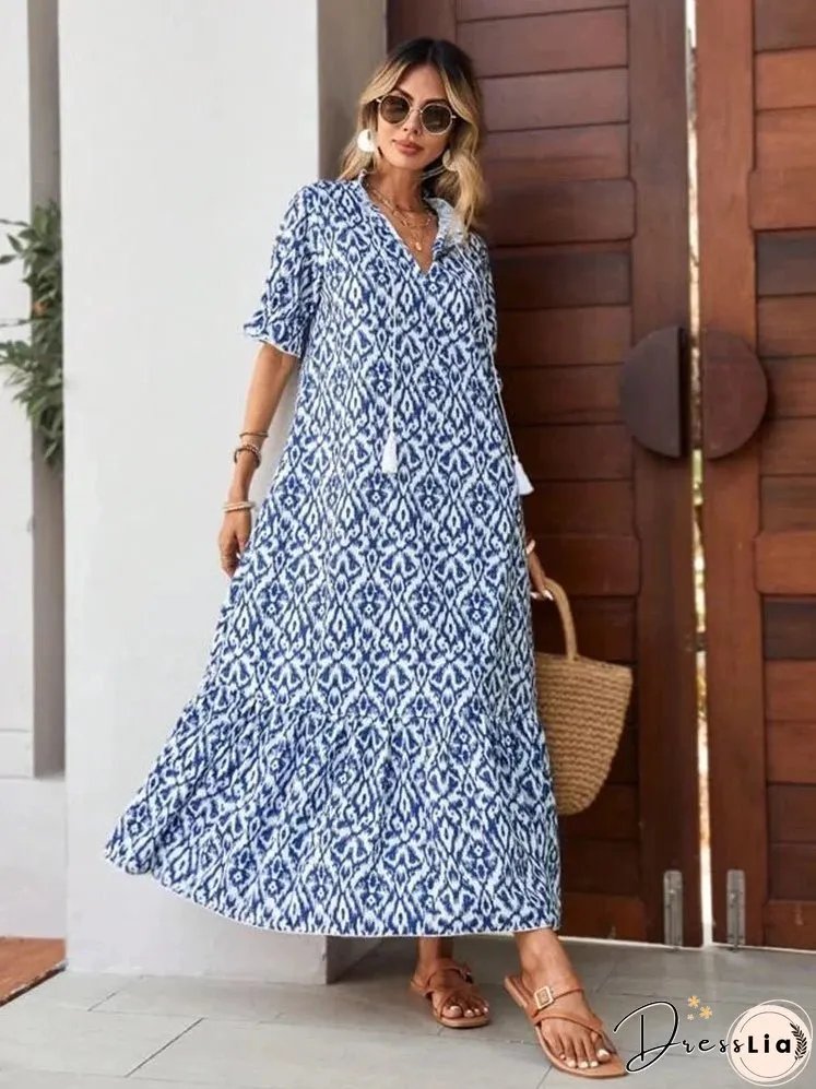 Spring Summer Boho Women Maxi Dress Casual Short Sleeve A-eline Flounce Beach Woman