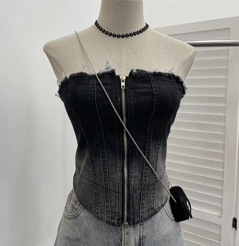Nigikala Nigikala Shooting 2025 Spring And Summer New Trend Hair Edge Gradient Design Brush Denim Zipper Shirt Vest 2701