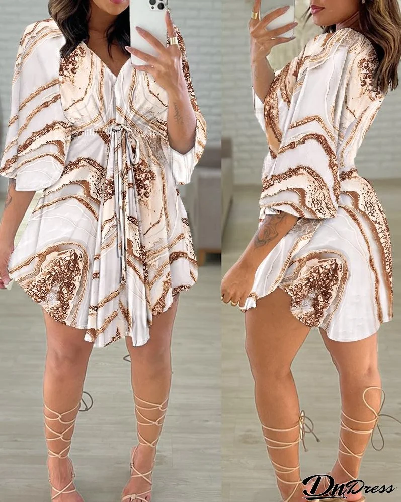 Marble Print Tied Detail Casual Dress