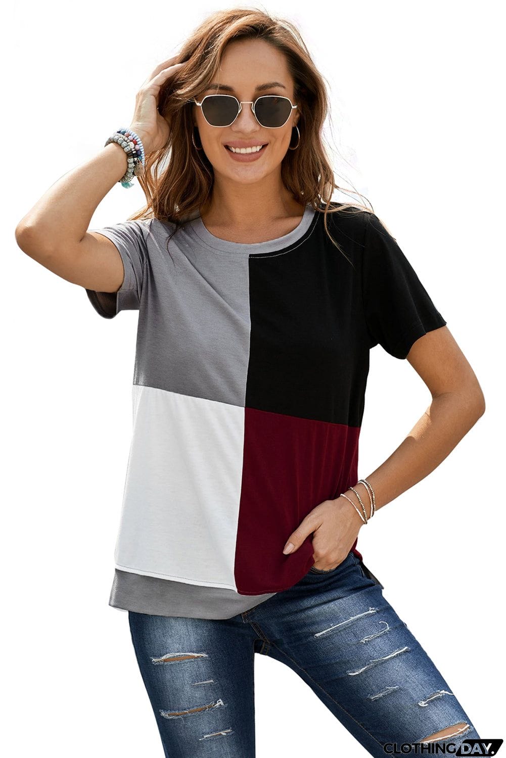 Women's Casual Wine Red Colorblock T-shirt with Slits