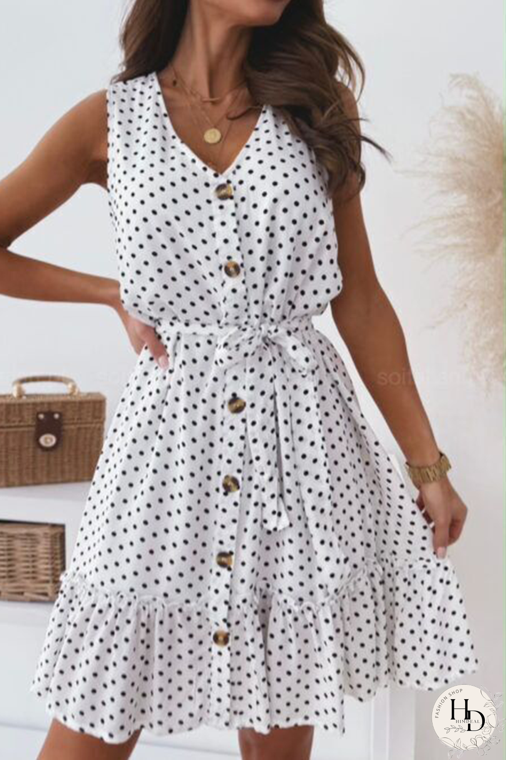 Elegant Dot Buckle With Belt V Neck A Line Mini Dresses