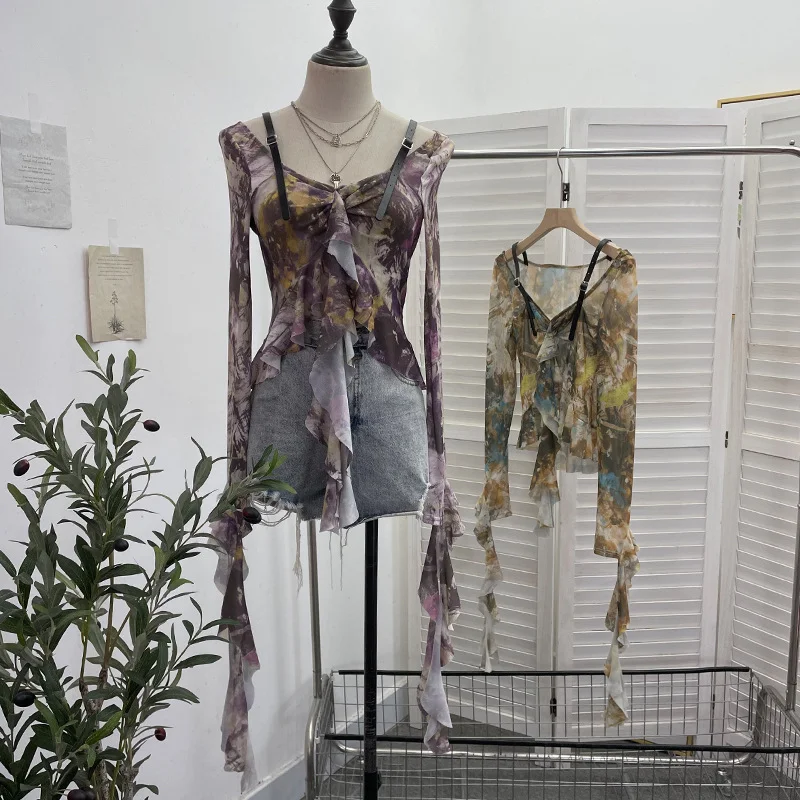 Uveng French Retro Oil Painting Wind Dyed Lotus Leaf Side Sling T-Shirts Long Sleeves Drifting Coat 2658