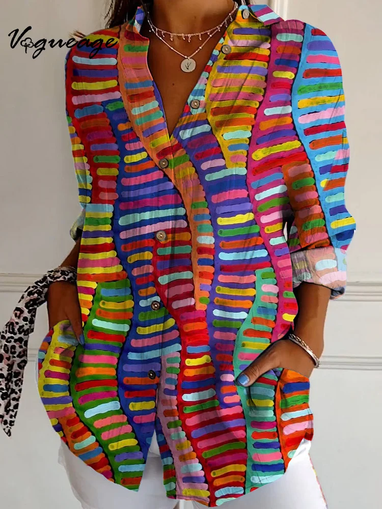 Fashion Design Colorful Line Stitching Long Sleeves Printed Cotton And Linen Shirt