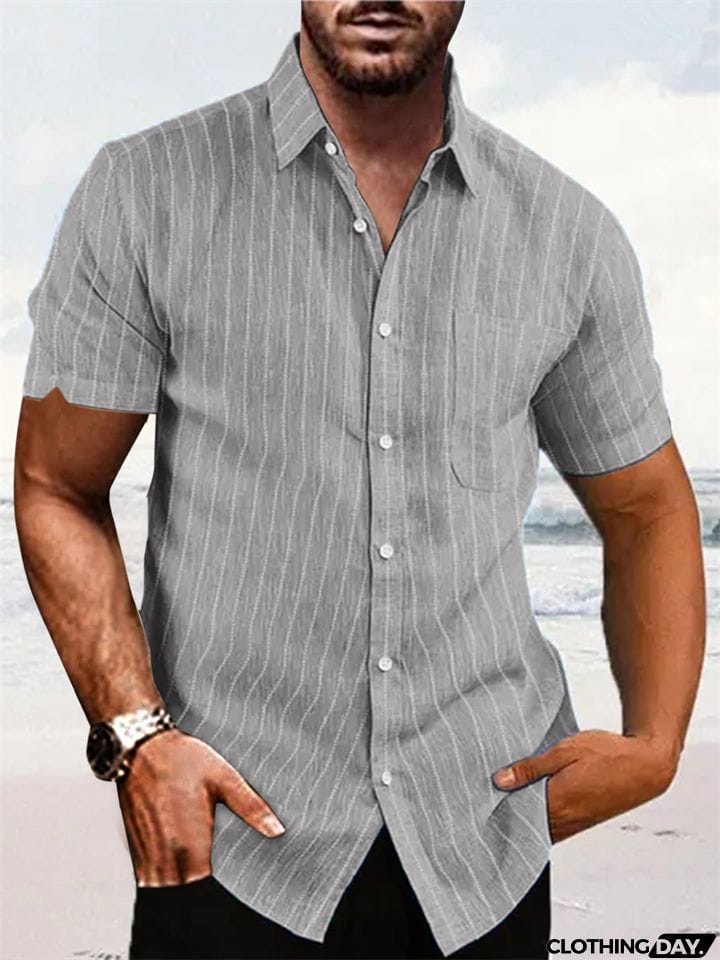 Summer Vertical Stripe Short Sleeve Button Down Linen Shirt for Men