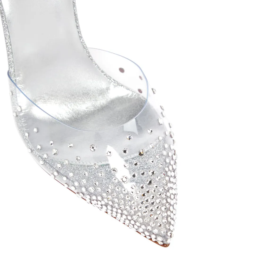 100mm Crystal Embellished PVC Metallic Pointy Toe Red Bottom Pumps Sandals-vocosishoes
